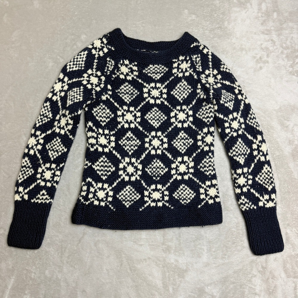 American Eagle Hand Knit Lambs Wool Sweater Womens S Navy Cream Fair Isle Nordic